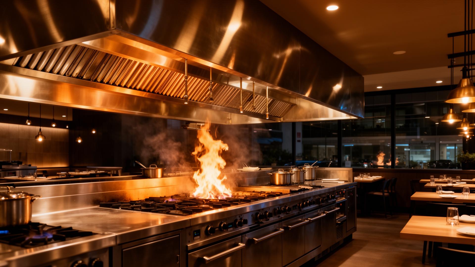 Commercial kitchen with new stainless steel exhaust hood